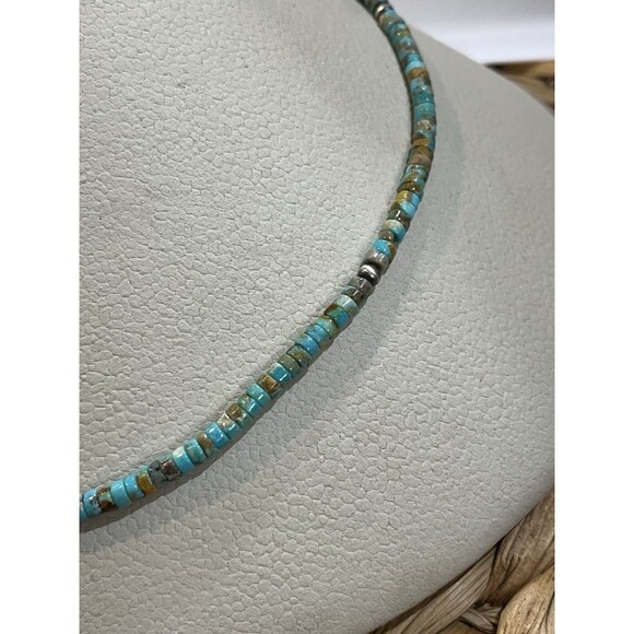 Green Turquoise Stabilized 6mm Heishi Navajo Pearls Sterling Silver Necklace - Picture 3 of 7